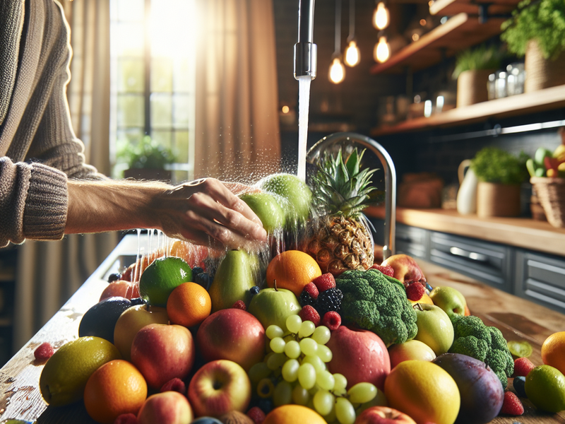 Mãos lavando frutas frescas
