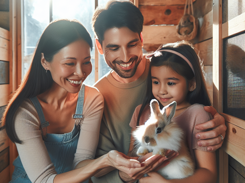 Família adotando um coelho em um abrigo