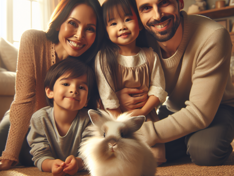 Família feliz com coelho holandês anão