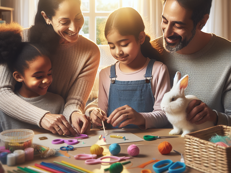 Família fazendo brinquedos artesanais para coelho