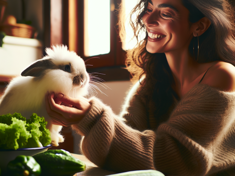 Mulher alimentando um coelho com vegetais frescos