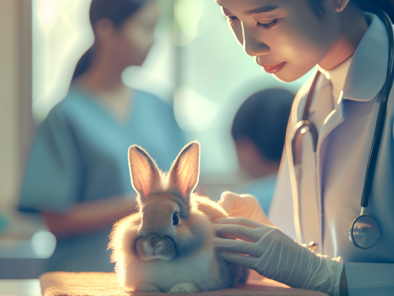 Veterinário examinando um coelho após vacinação